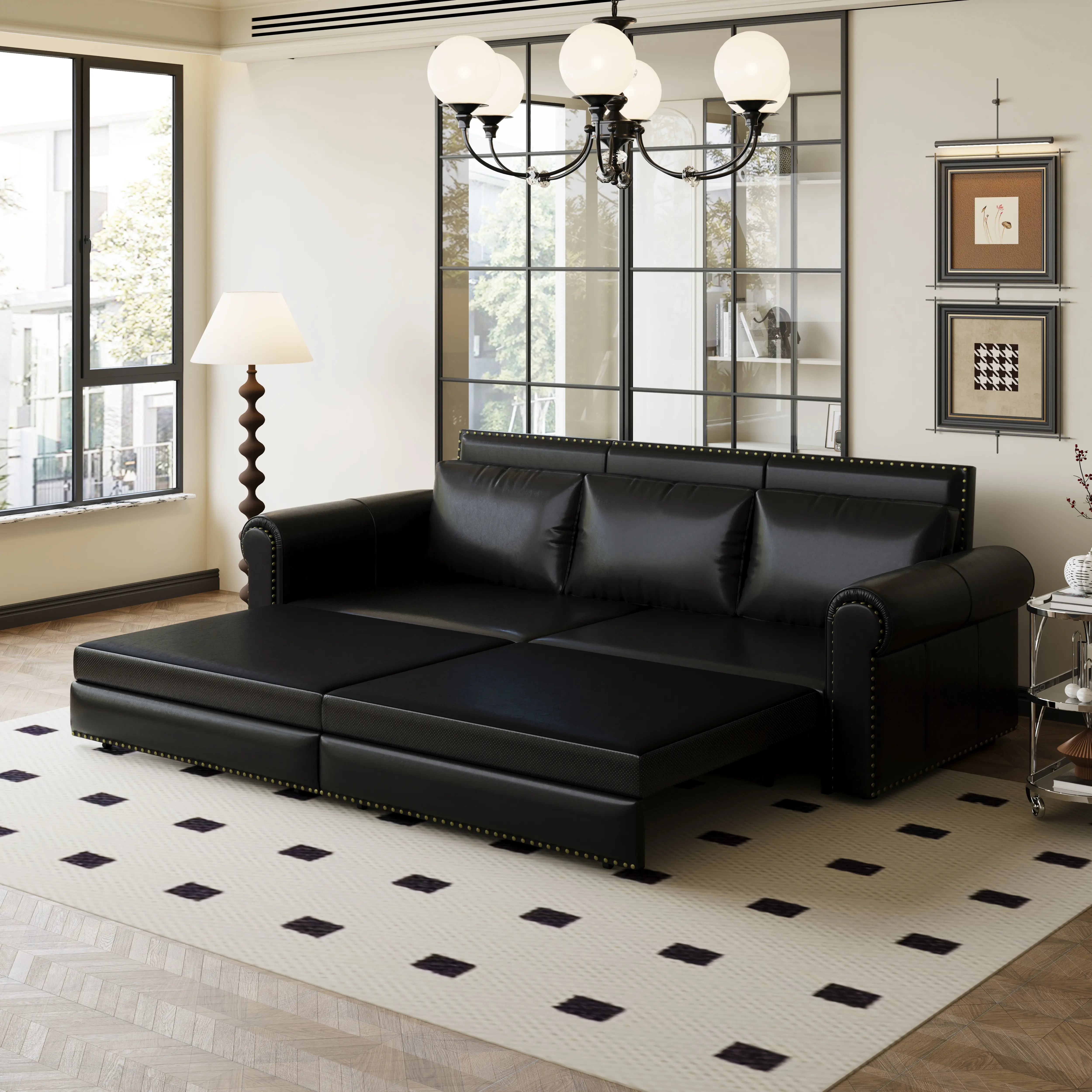 93.7" King Upholstered 3-in-1 Chesterfield Convertible Sleeper Sofa, Summervibes Retro Faux Leather Pull-Out Bed, Nailhead Trim, Rolled Arms, Oversized Plush Chaise Lounge, Corner Foldable Linen Storage Ottoman, Quick Setup, Upholstered Sofas, Stainless,