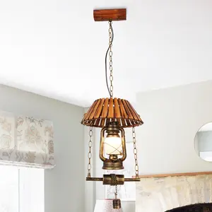 Rustic Farmhouse Lantern Pendant Light 13 Inch Vintage Oil Lamp Design Wood Wrought Iron E26 Base Adjustable Chain Industrial Hanging for Kitchen Dining Room