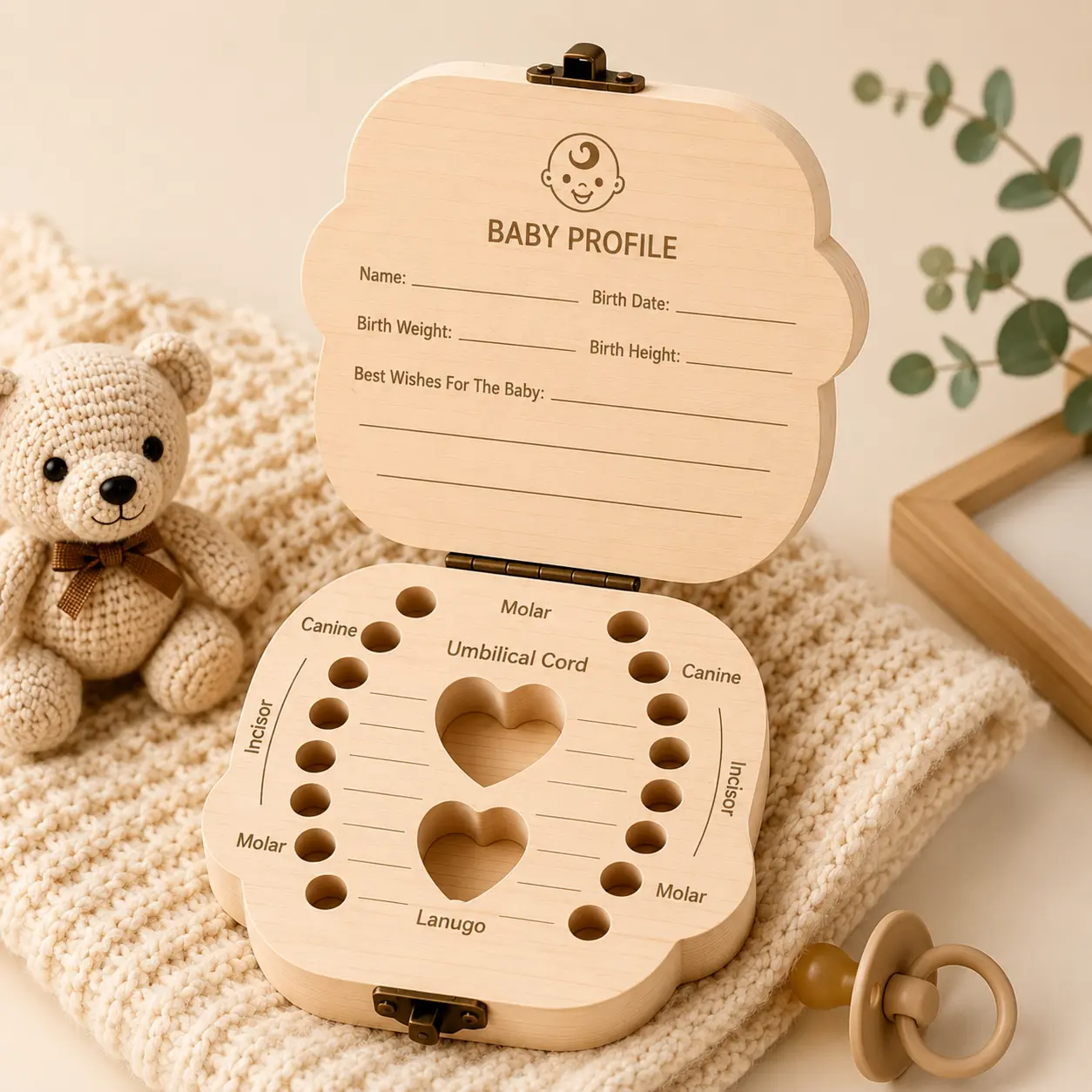Premium Wooden Baby Tooth & First Hair Keepsake Box, Tooth Fairy Memory Storage Organizer, Natural Wood Childhood Milestone Souvenir Case, Nursery Decor Gift for Boys & Girls, Baby Shower, Birthday & Holiday Gift