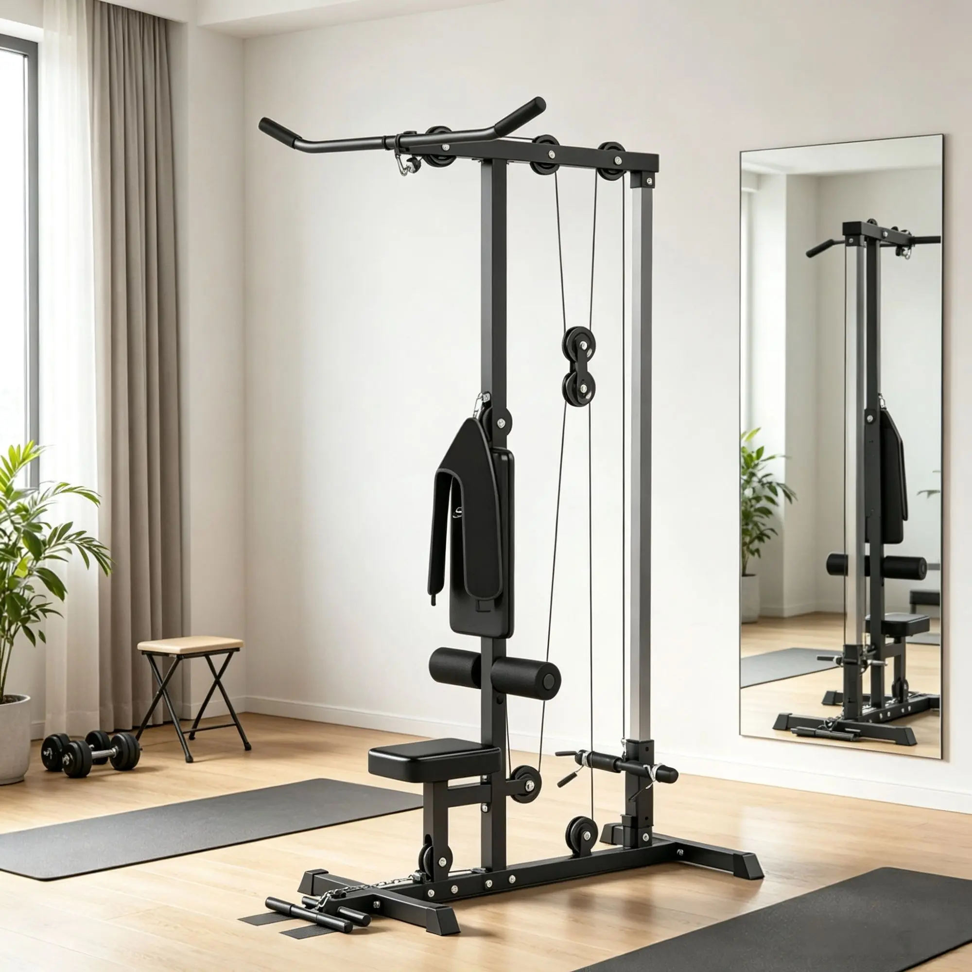 Black Lat Pull-Down Machine for Home Functional Gym, Unisex Strength Training Equipment with Metal Frame, Adjustable Seat, Flip-Up Footplate, High-Low Pulleys