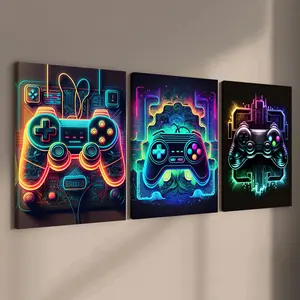 3 Counts Wooden Framed Canvas Painting, Neon Glow Game Controller Art Images, Exquisite Poster, Perfect Living Room Decoration, Modern Art Design, Fashion Family Poster, Wall Art Decoration, Waterproof Art, Home Decor Products