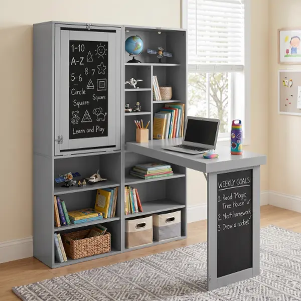 Modern Engineered Wood Fold-Out Desk with Storage, Blackboard, and Shelves – Convertible Foldable Writing Table for Small Spaces/Home Office, Fold-Out Cabinet Table That Requires Assembly (Grey)