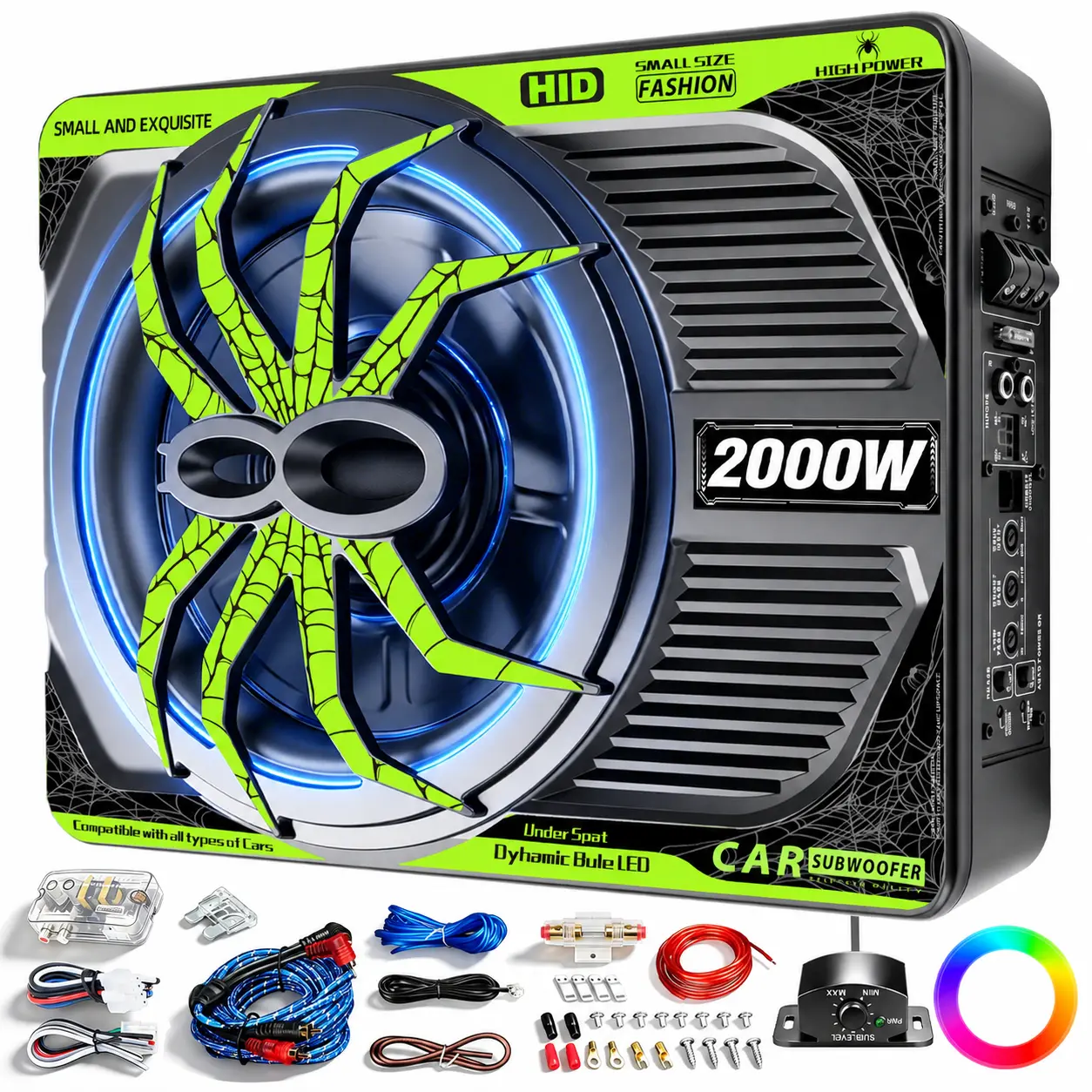 TANVSO 2000W 10-Inch Slim Powered Car Subwoofer & Amplifier Package - Built-in Amplifier, RGB Light, Low Pass Filter, Bass Boost, Gain, Cast Aluminum - Compatible with Trucks, Jeeps, Car Audio Installation