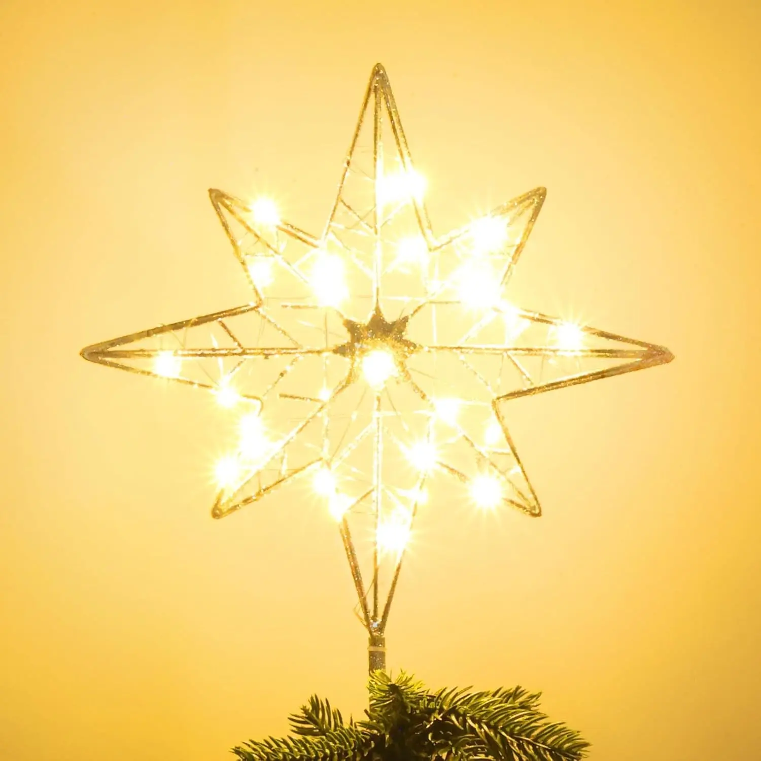 11 Inches Lighted Gold Glittered 8-Point Star Christmas Tree Topper 30 LED Sparkling Xmas Treetop Decor Battery Powered Timer Christmas Decorations