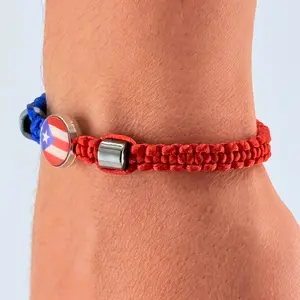 Puerto Rico Flag Bracelet - Adjustable 7" Hematite & Rattail Cord Bracelet with Colorful Rope Design for All Wrist Sizes