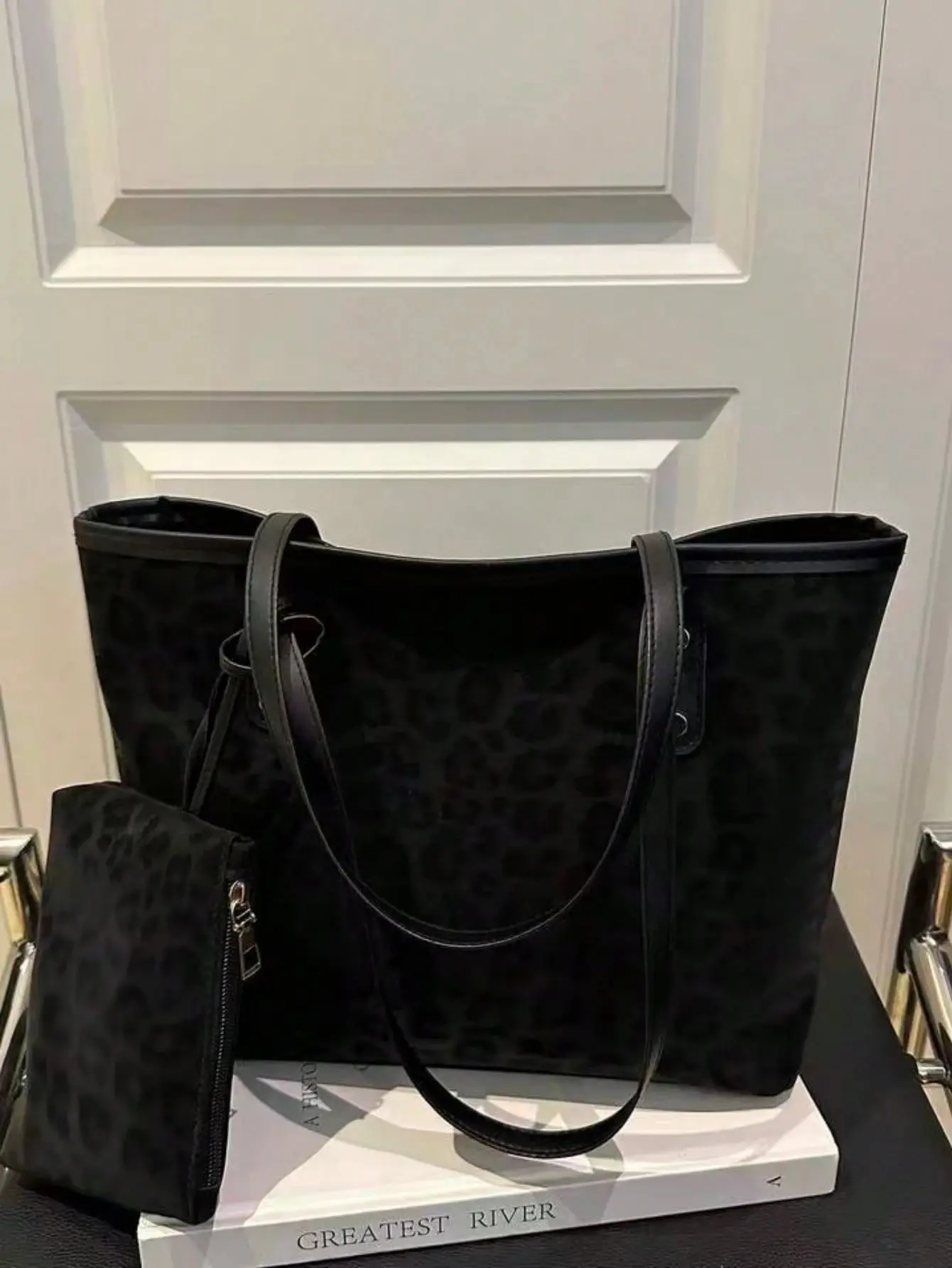 Two Pieces New Arrival Large-Capacity Suede Leopard Print Tote Bag with Dual Handles - Black Leopard Print Tote Bag with Matching Mini Wallet, Soft Velvet Texture, Black Leather Handles, Perfect for Commuting, College, Business Casual, and Holiday Travel