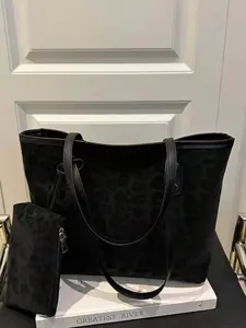 Two Pieces New Arrival Large-Capacity Suede Leopard Print Tote Bag with Dual Handles - Black Leopard Print Tote Bag with Matching Mini Wallet, Soft Velvet Texture, Black Leather Handles, Perfect for Commuting, College, Business Casual, and Holiday Travel