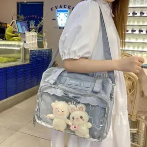 NewJapanese Cute Transparent Canvas Itabag Fashion Girls One Shoulder Bag Student Personality Crossbody Bag with Badge Doll Ita Bag