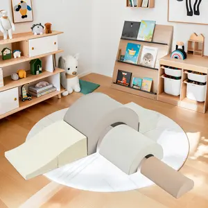 Merax Rainbow Soft Play Set 5-Piece Cappuccino Foldable Slide Indoor Baby Foam Blocks for Climbing Crawling Montessori Learning Fun