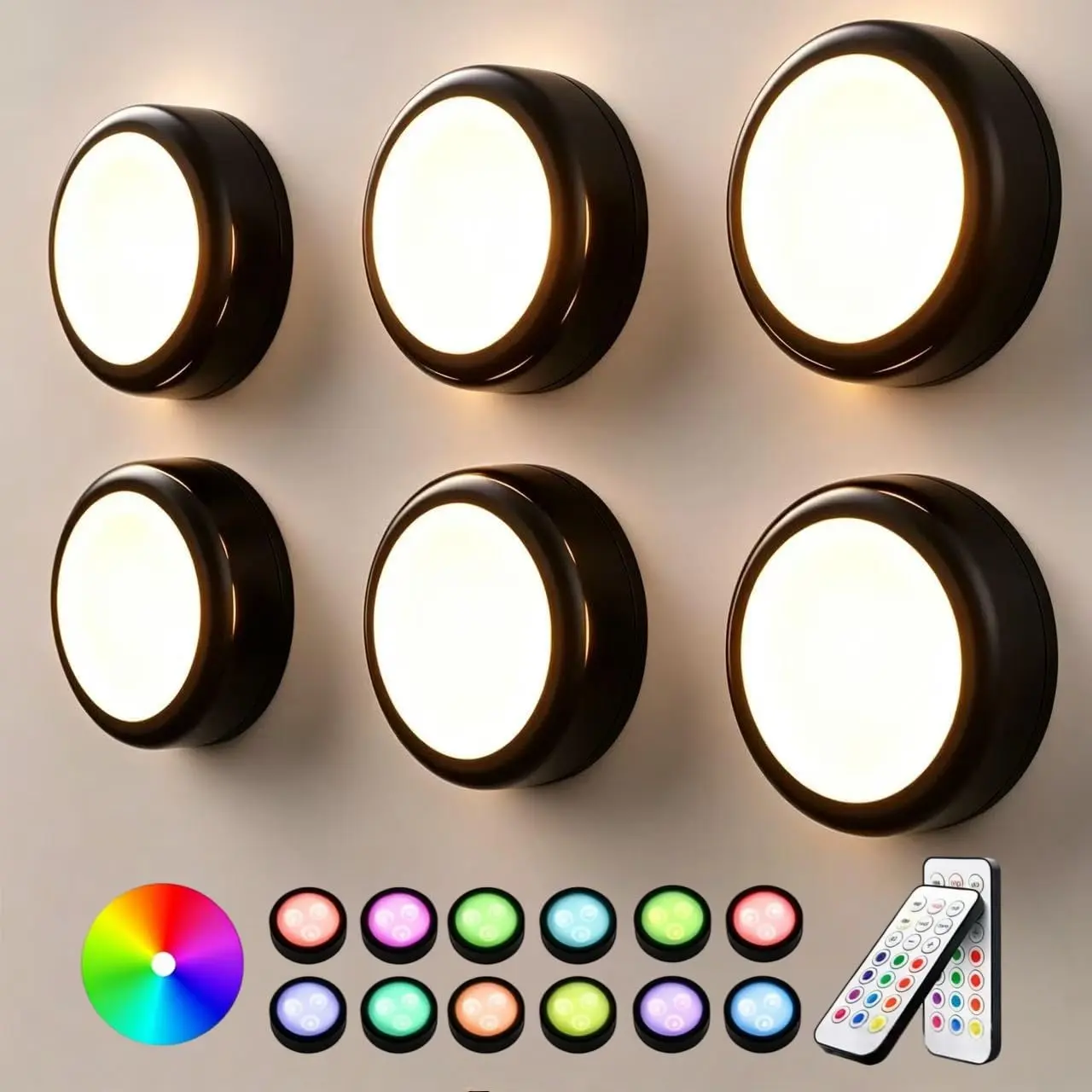 6-Piece Black Battery-Powered LED Hockey Puck Tap Lights Set Pack with Remote, Dimmable Color-Adjustable LED-Accented Cylinder Body, Timer Auto Off, Multi-Mount for Closet, Shelf, Under-Cabinet Illumination