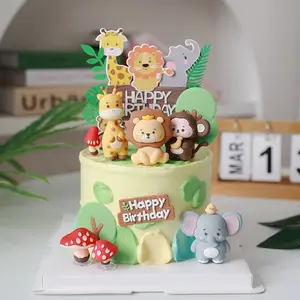 Children Birthday Cake Decoration, Soft Plastic Lion Elephant Giraffe Monkey Figurines, Cute Forest Animal Cartoon Dessert Table Decor