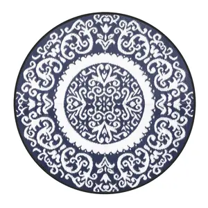 Round Outdoor Rug, Plastic Straw Foldable Area Rug Indoor Outdoor Carpet for Patio Decor Balcony Camping Picnic RV, Blue and White