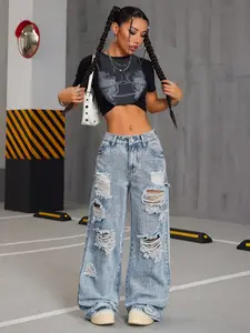 Blue Ripped Washed Vintage Fashion Casual Fitted Jeans, Distressed Denim Button Jeans for Men & Women, Trendy Streetwear Style