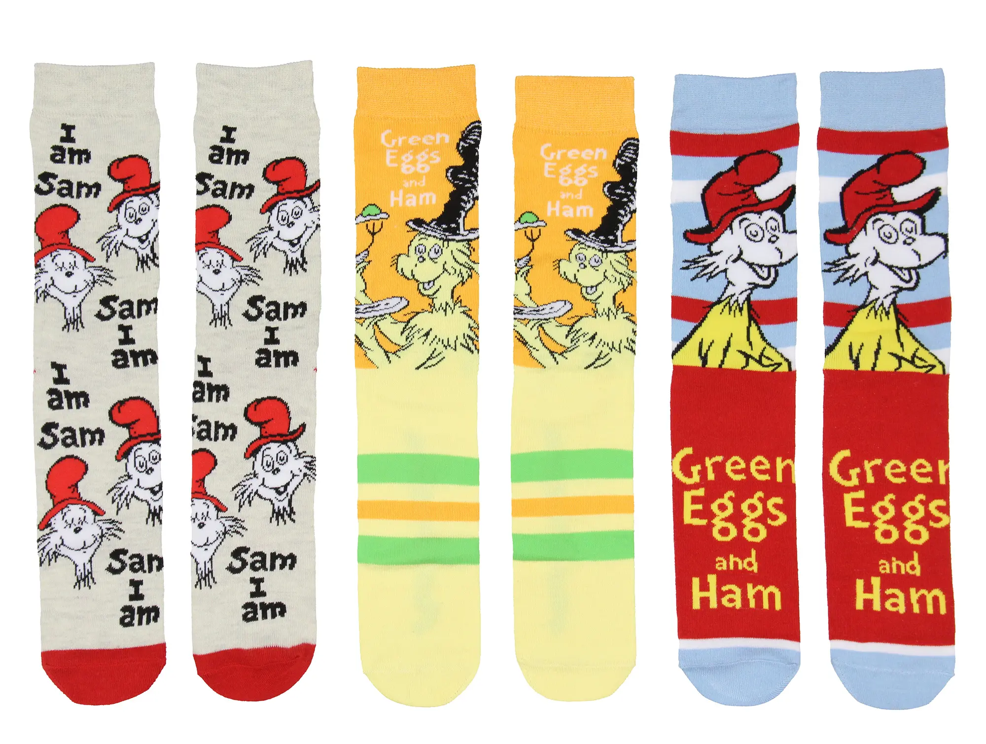 Dr. Seuss Green Eggs And Ham Classic Character Art Collectible Adult Mid-Calf Crew Socks, 3-Pair All-Seasons Children's Book Gift Box for Women