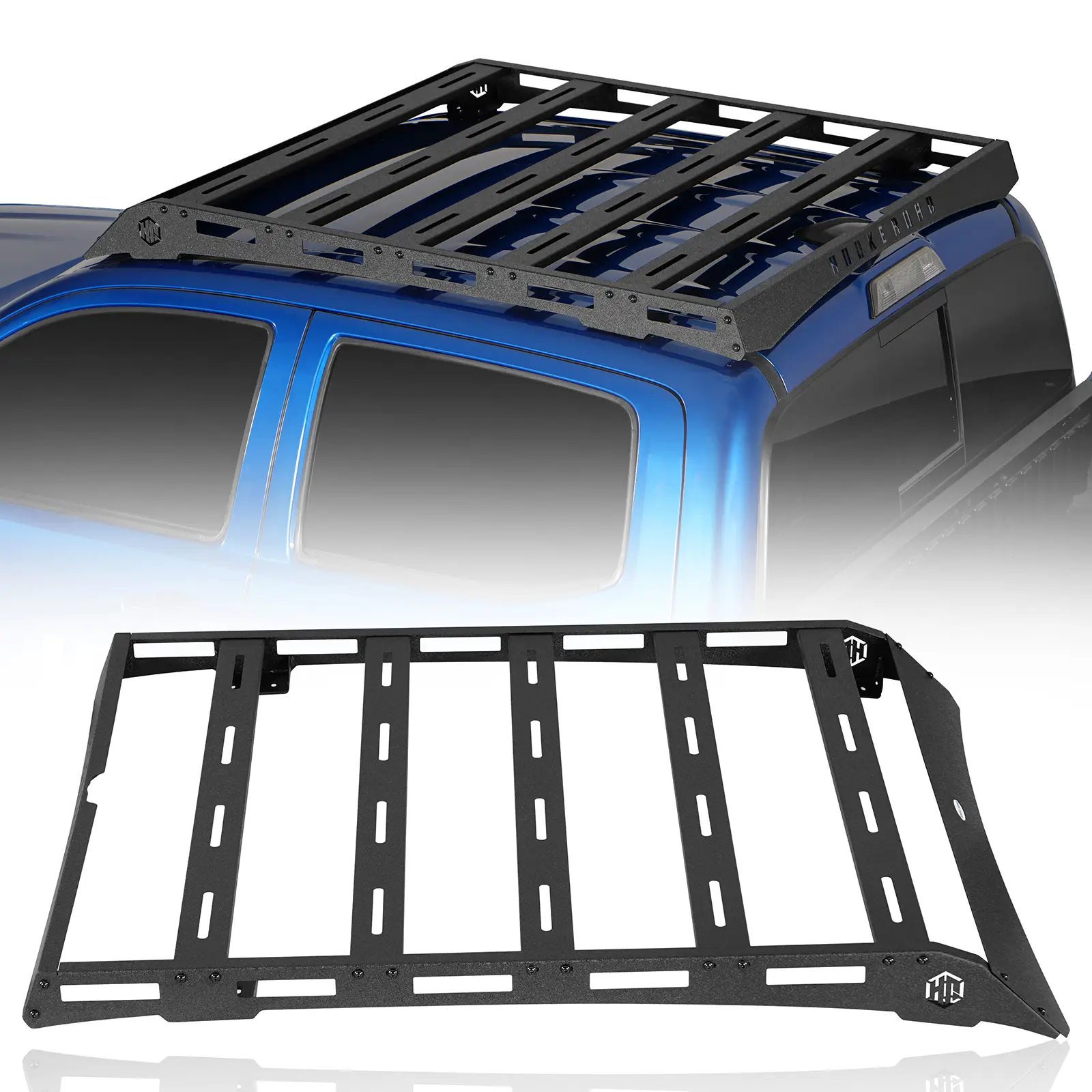 Hooke Road Heavy-Duty Steel Roof Rack Top Carrier for 2005-2023 Toyota Tacoma Double Cab, 300lb Capacity, 61.1in Long, 47.7in Wide Fit, Bolt-On Install, Wind Deflectors, Tool Mount Ready, 4-Slot Cargo Fit, Car Exterior Accessory