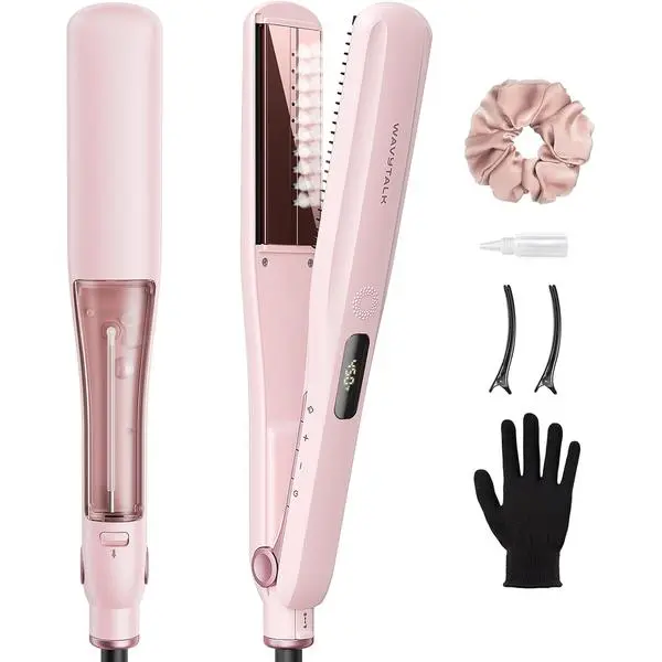Wavytalk Steam Hair Straightener Steam Sesh for Less Heat Damage, Flat Iron | Detachable Comb, Steam Nourishes, Speeds Straightening, Fights Humidity & Frizz, Nano Titanium 1.38'' Plate, 5 Heat, Pink