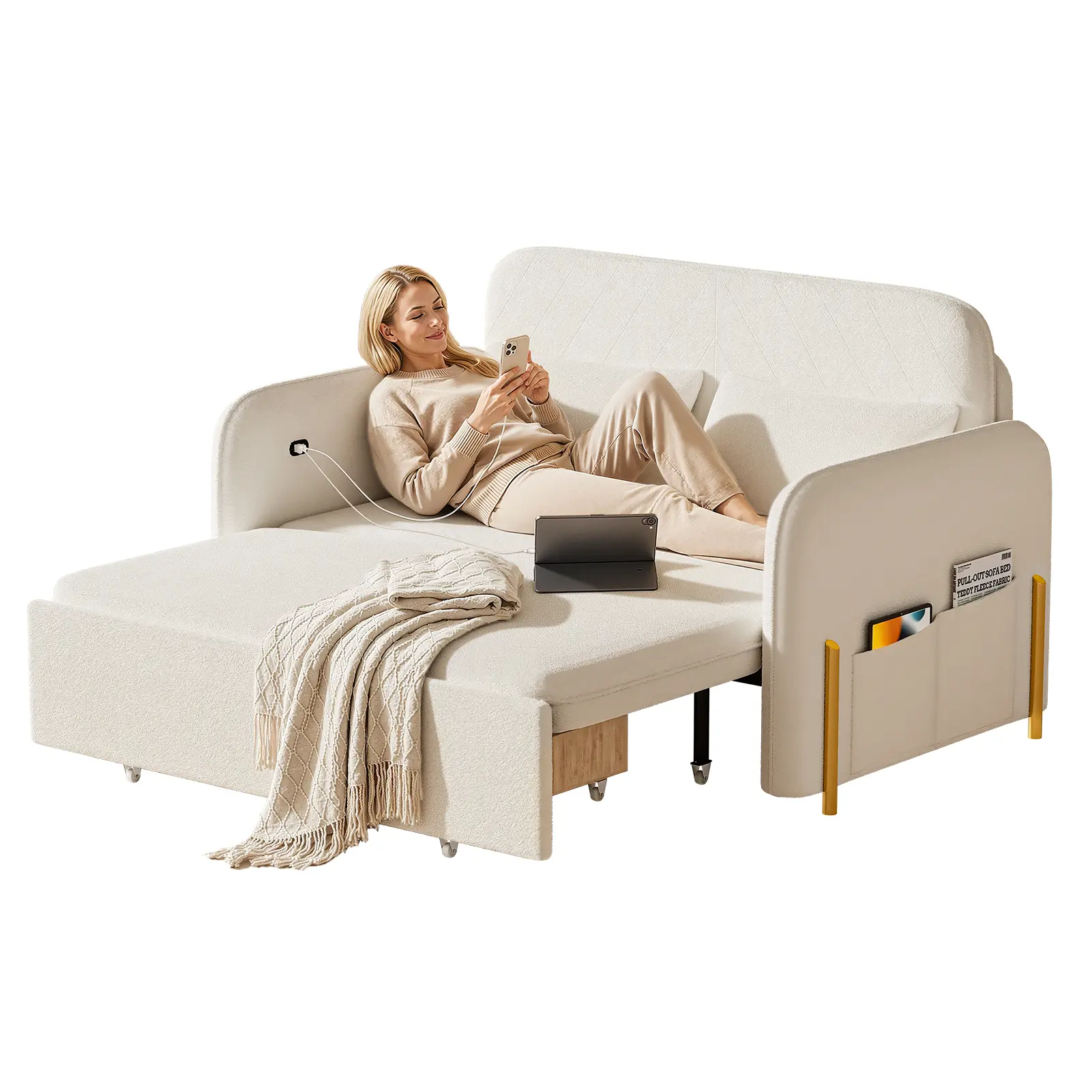 Explorinox 3-in-1 Convertible Sofa Bed Boucle Loveseat Sleeper with Storage Drawer Side Pockets USB Ports Gold Metal Legs for Living Room