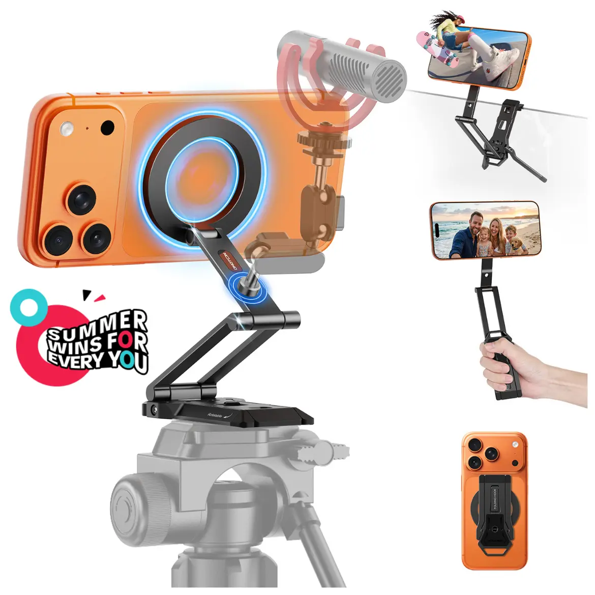 OMOTON TP06 Phone Holder for MagSafe Tripod Hook with Magnet Back & Arca-Swiss Base [Equipped Lanyard], 360°Rotating with 1/4" Screw, Magnetic Phone Tripod for iPhone 17/16 Pro Max Air Fits Vlog, Travel, Gym [Spring glow up]#DealsForYouDays
