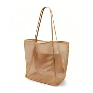 Large Capacity Mesh Beach Bag Summer Top Handle Bag with Inner Zipper Pocket, 1 Count Folding Shoulder Tote, Suitable for Home and Outdoor Use, Lightweight Storage Bag