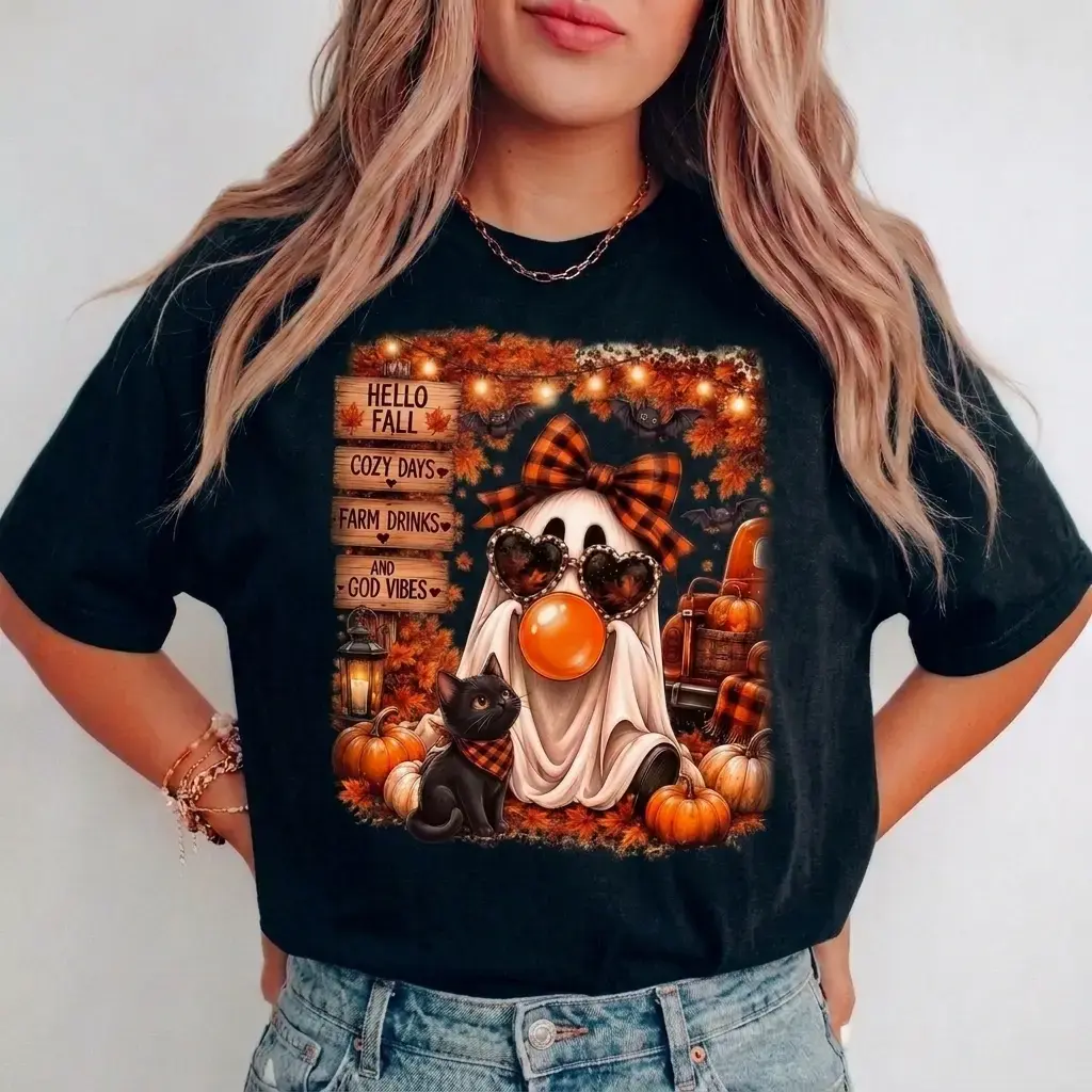 Hello Fall Ghost Shirt, Cute Pumpkin Black Cat Graphic Tee, Cozy Autumn Halloween Shirt for Women