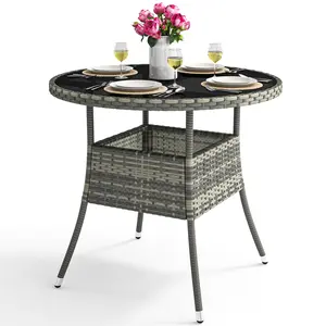 YITAHOME 31.5" Patio Table for 4-Person, Outdoor Patio Wicker Round Dining Table, All-Weather Rattan Bistro Dining Table w/Glass Tabletop for Backyard Deck Porch Poolside, Gray
