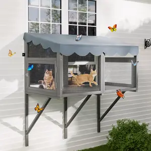 Cat Catio, Window Box Enclosure for Indoor Cats, Wooden Window Perch House, Expandable for Multi Kittens, Secure Comfortable Outdoor Haven for Pets