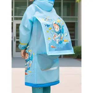 1pc Kids Astronaut Cartoon Pattern Raincoat, EVA Material, Dual Zipper & Button Closure, Easy Clean, All-Season Rain Poncho for Boys, Suitable for Hiking & Outdoor Activities