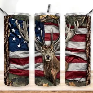 Deer + USA flag | 20oz sublimation tumbler transfer print out Bottle Drinkware