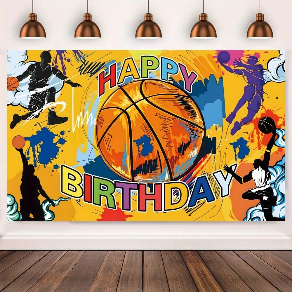 1pc Soft Glam Durable 2D Flat Basketball-Themed Polyester Happy Birthday Backdrop - Multi-Size Photo Booth Accessory, No Excessive Decor, White Wall Hanging Banner (2 Sizes Available), Indoor