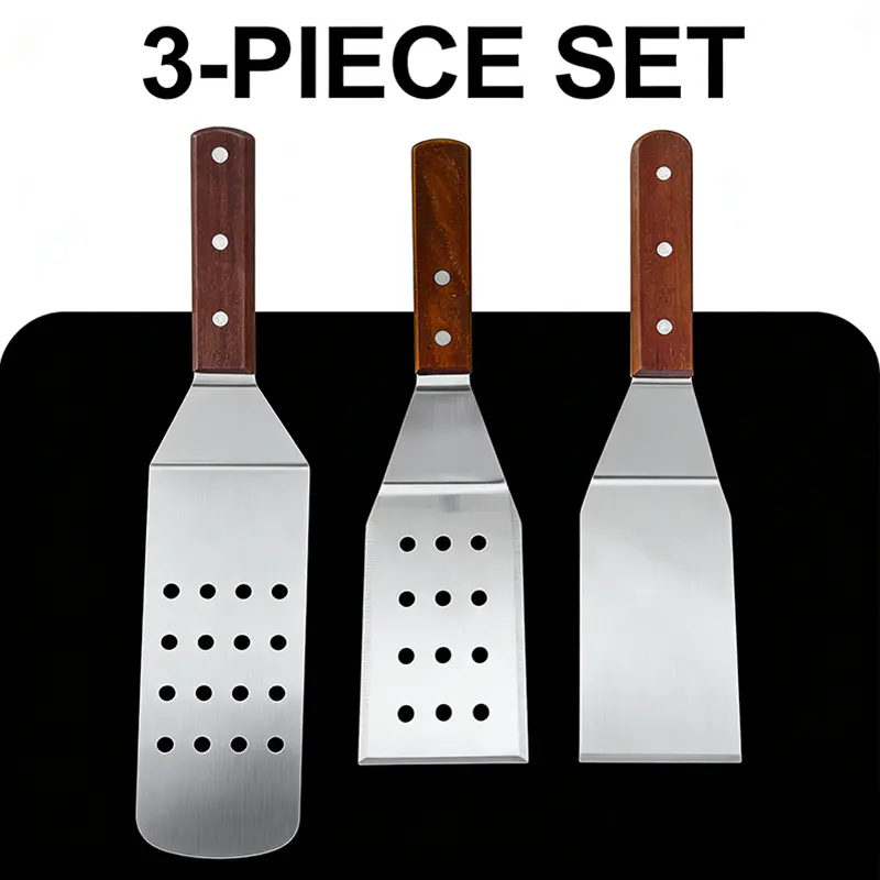 3-Piece Stainless Steel Griddle Spatula Set - Heavy-Duty Commercial Metal Turner Scraper with Wooden Handle for Flat Top Grill, Outdoor BBQ, Kitchen Cooking Utensils