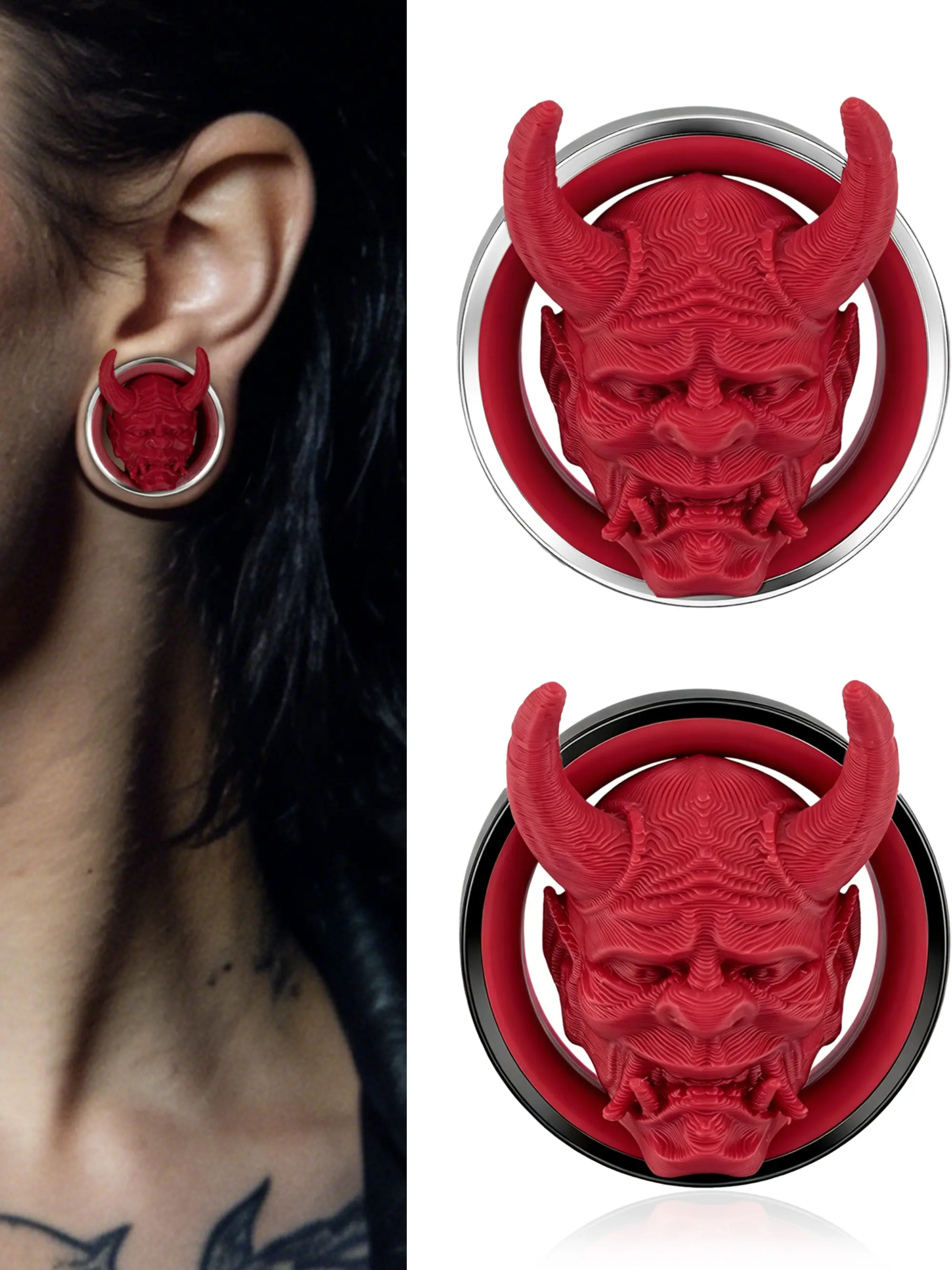 vanku 2pcs Dark Demon Hannya Face Ear Tunnels, Hypoallergenic Earrings 316 Stainless Steel, Gothic Punk Body Piercing Jewelry, Boho Style, All Seasons