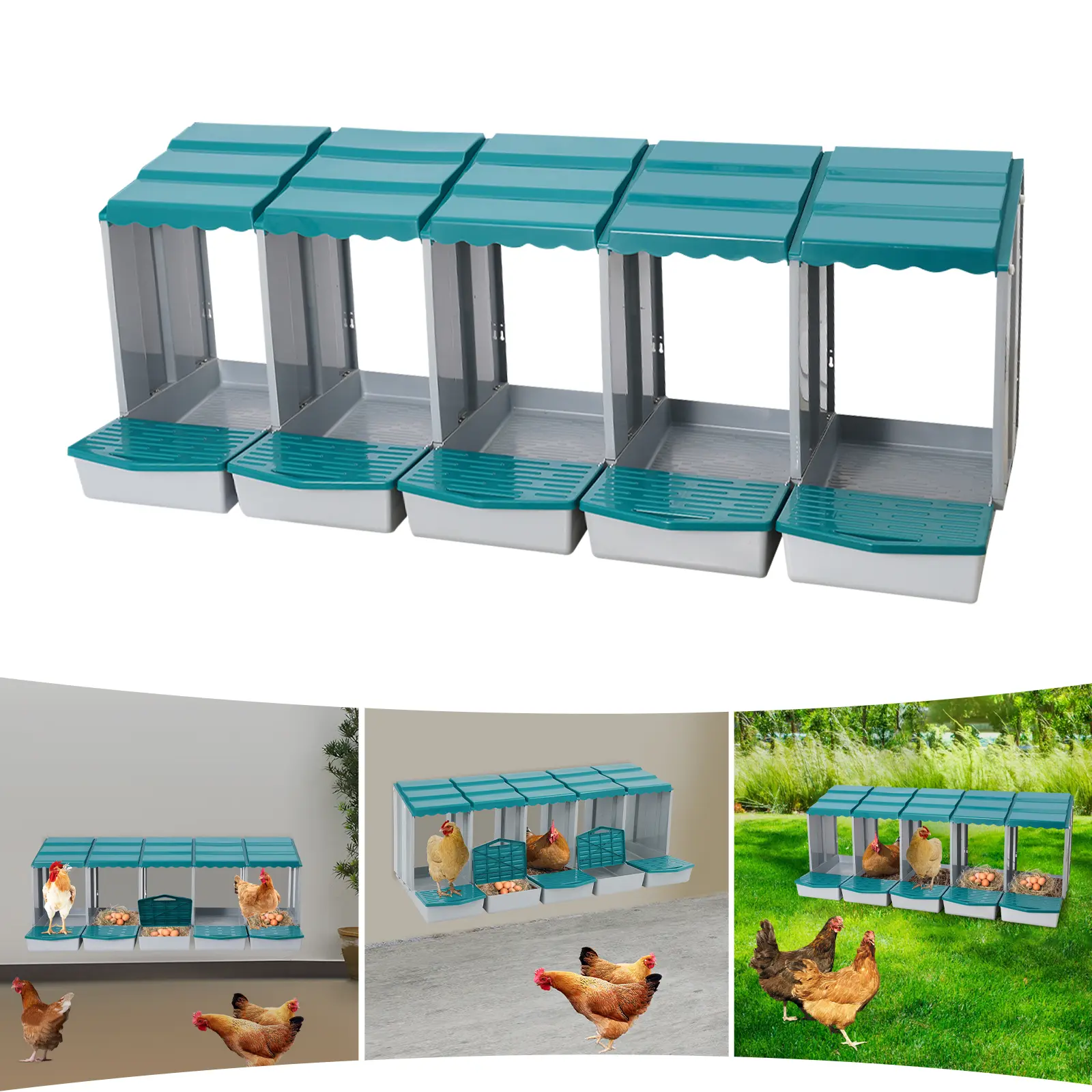 CNCEST 5-Compartment Plastic Chicken Nesting Box, Green & Grey Hen Laying Box with Egg Collection Lid, Wall-Mount or Freestanding Backyard Coop Accessory for Outdoor Chicken Cage