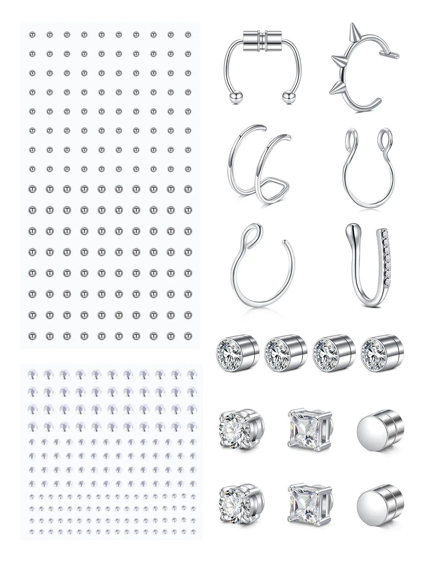 Punk Fake Body Piercing Jewelry Set, Body Jewellery, Self Adhesive Stainless Steel Balls Face Gems, Fake Nose Ring, Magnetic Studs Earrings Fake Lip Ring, Non Piercing Body Jewelry for Women & Men