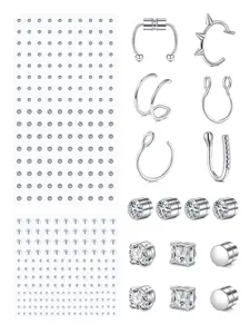 Punk Fake Body Piercing Jewelry Set, Self Adhesive Stainless Steel Balls Face Gems, Fake Nose Ring, Spiral Nose Ring, Nose Piercings Kit, Magnetic Studs Earrings Fake Lip Ring, Non Piercing Body Jewelry for Women & Men, Kit Nose Piece