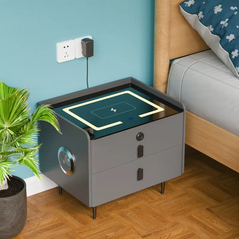 Dark Grey Smart Nightstand with Bluetooth Speaker and Drawer Storage bed  tables light furniture bedroom top charging station wood nightstand bed side table