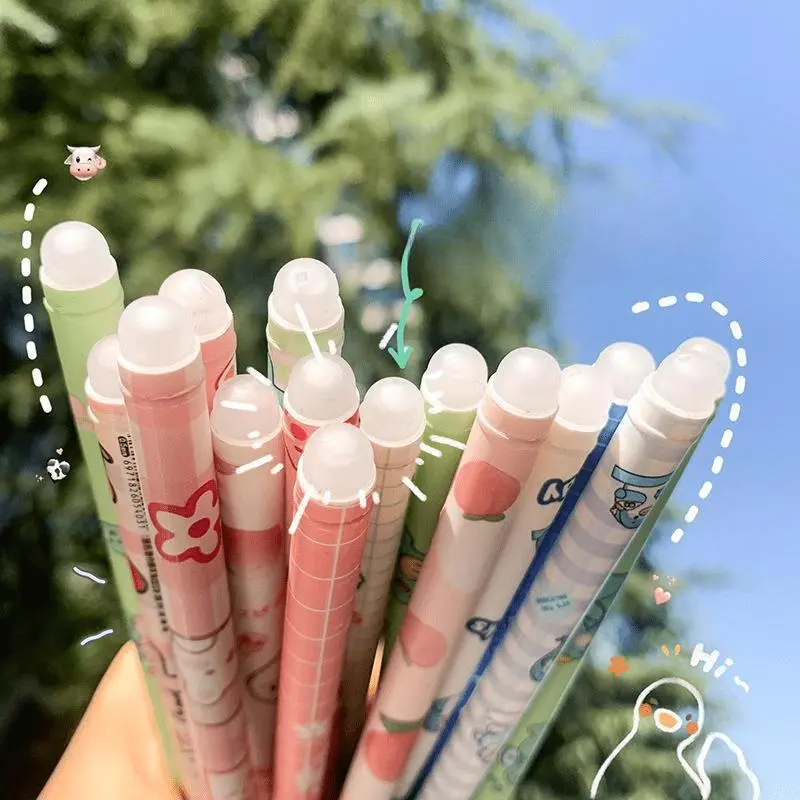 Erasable Rollerball Pen, 5 Counts Cartoon Pattern 0.5mm Needle Tube Rollerball Pen, Writing Pen for Students & Offices, Rollerball Pen Set, Writing Stationery