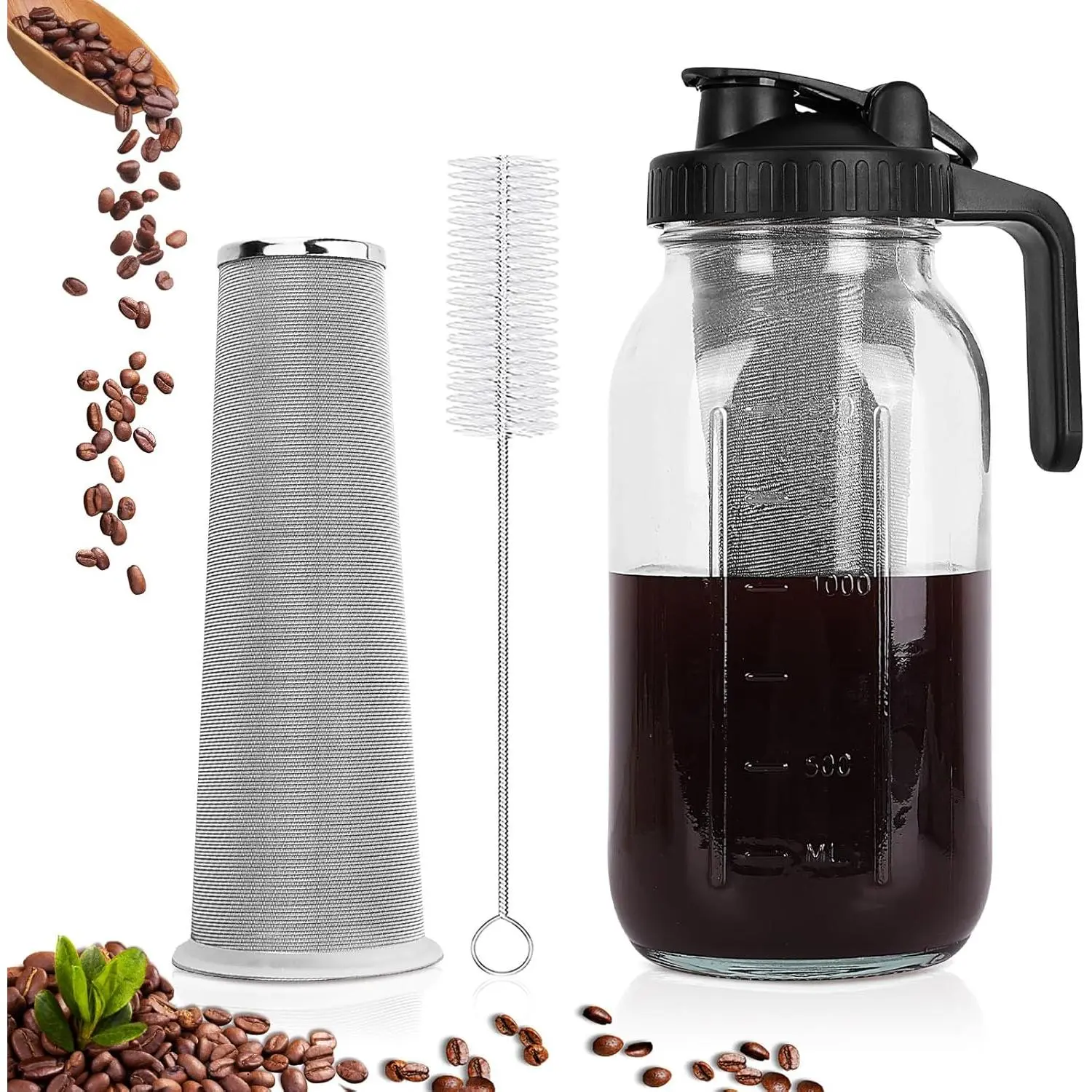 64 oz Large Cold Brew Coffee Machine - Coffee Brewing Equipment with Heavy-Duty Glass Mason Jar Pitcher, Handle, Airtight Splashfree Spout Lid, 160µm Fine Mesh Stainless Steel Filter, Leak-Proof Convenient Design for Iced Tea & Lemonade Making