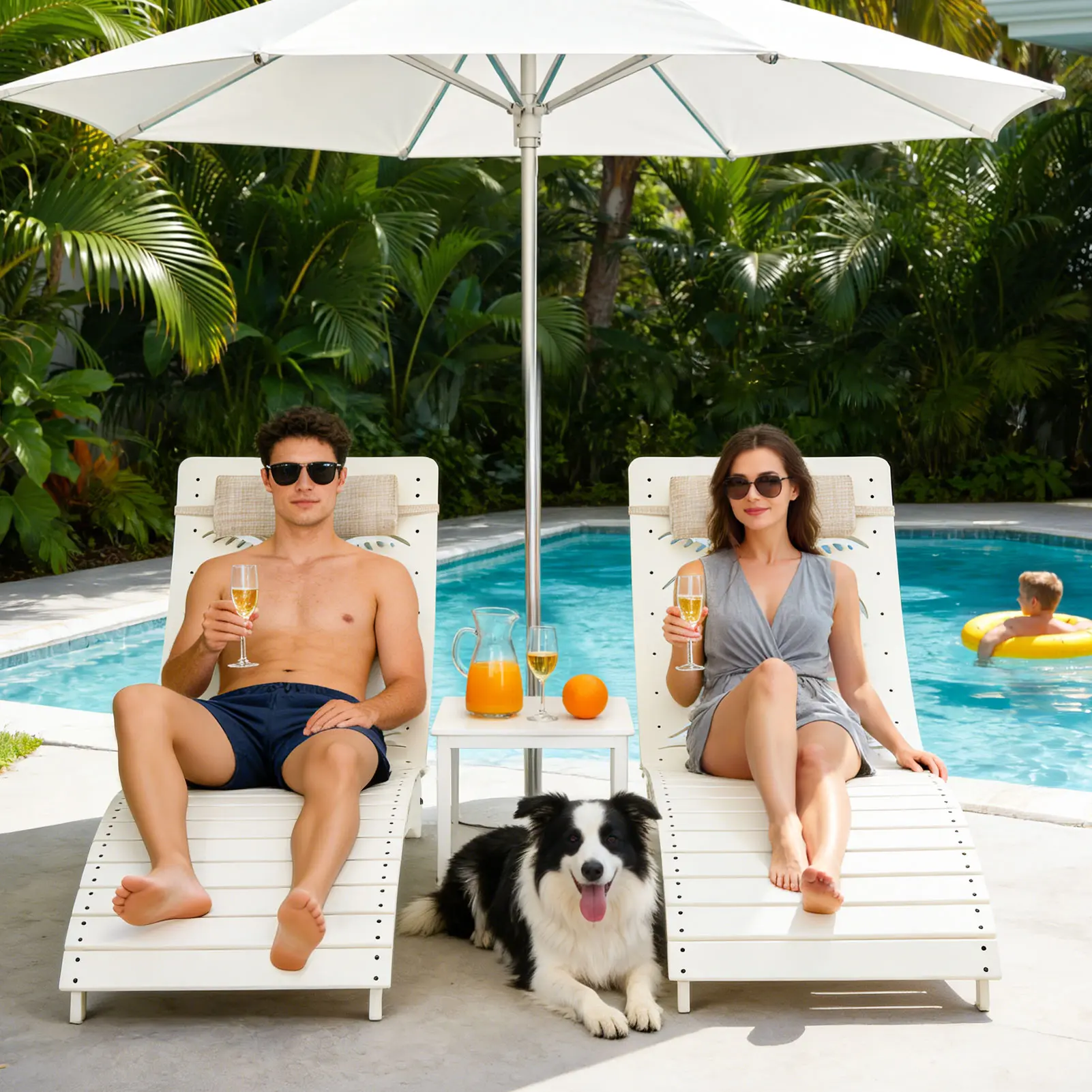 【Summervibes】Sturdy Modern Adults' HDPE Tanning Pool Lounger Set (2/4/6), Ergonomic Patio Outdoor Furniture Set with Adjustable Headrest, Carry Handle, 20000H UV-Resistant Waterproof Tropical Palm Recliners for Sun Shelf