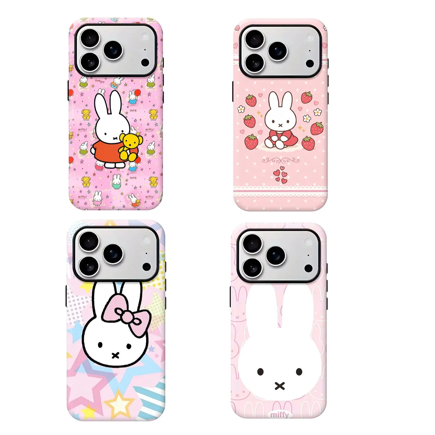 Durable Anime Star Miffy Bunny Phone Case for iPhone 15,14,13,12 Pro Max - Cute Pink Aesthetic Cartoon Protective Cover with Bear Accessories for Girls