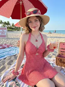 RETRO STAGE Women's 1930s Red Plaid Halter 1-Piece Swim Dress Bathing Suit, Gingham Print Push-Up Swimsuit with Back Tie Detail, Skirted Bottom & Medium Stretch Bras for Women, Summer Vacation Outfit,summervibes