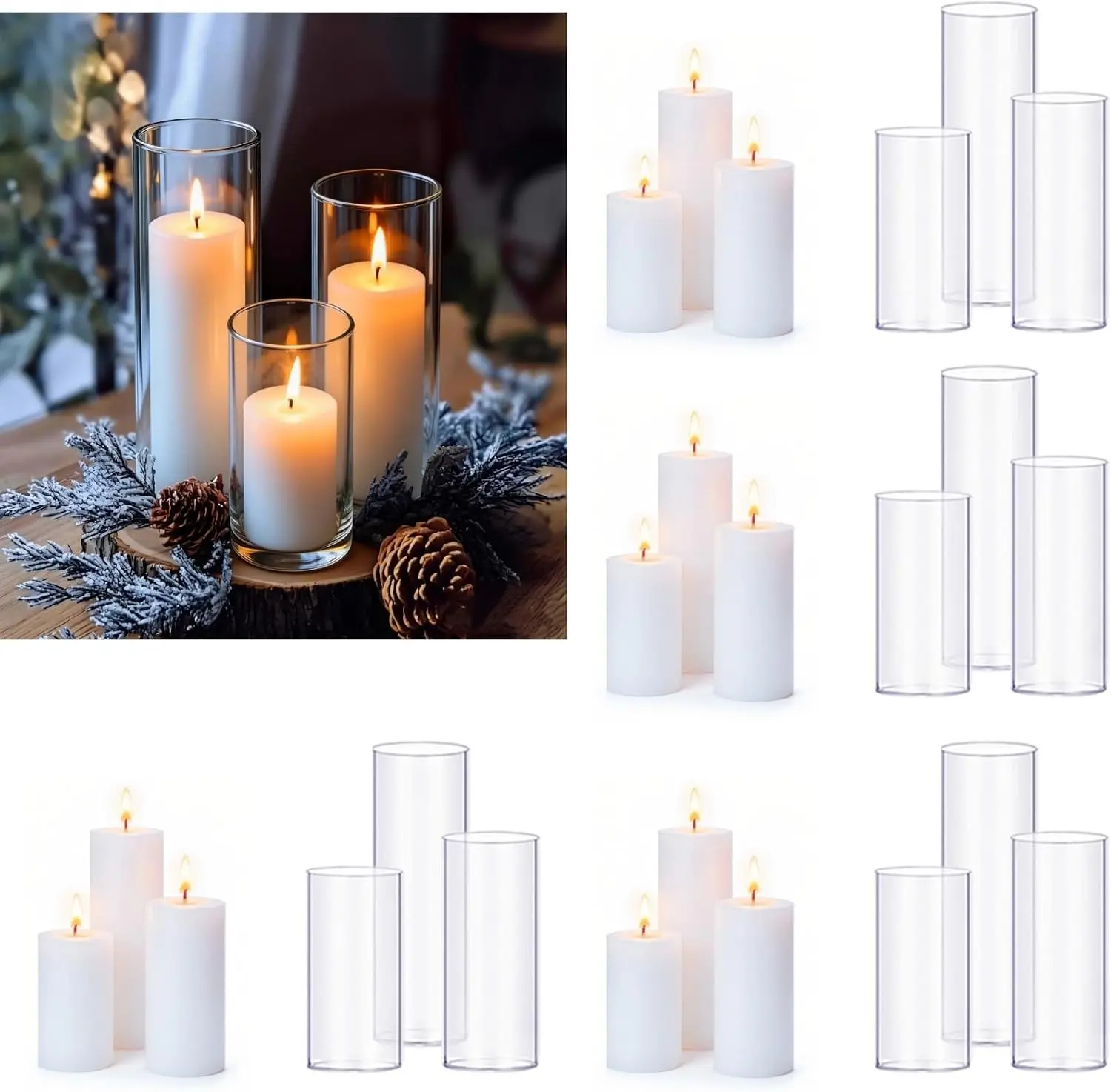 24 Pcs White Pillar Candles with Glass Cylinder Hurricane Candle Holder Vases Set for Wedding Party Event Home Office Decor