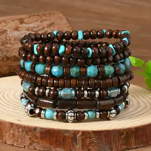 Bohemian vintage bisexual bracelet set Handmade coconut shell and wood beads with turquoise fragrant fruit Ideal for everyday wear and gift