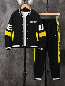 Boys' Baseball Uniform Set, Autumn Winter Letter Print Jacket & Pants, Casual Sportswear for Young Boys, Comfortable Two-Piece