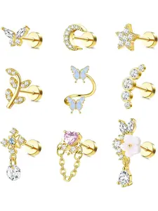 16 Gauge Cartilage Earrings Helix Earrings for Women High Quality Earrings Stainless Steel Helix Piercing Jewelry Leaf Butterfly CZ Studs Flat Back Cartilage Earrings Set 9Pcs
