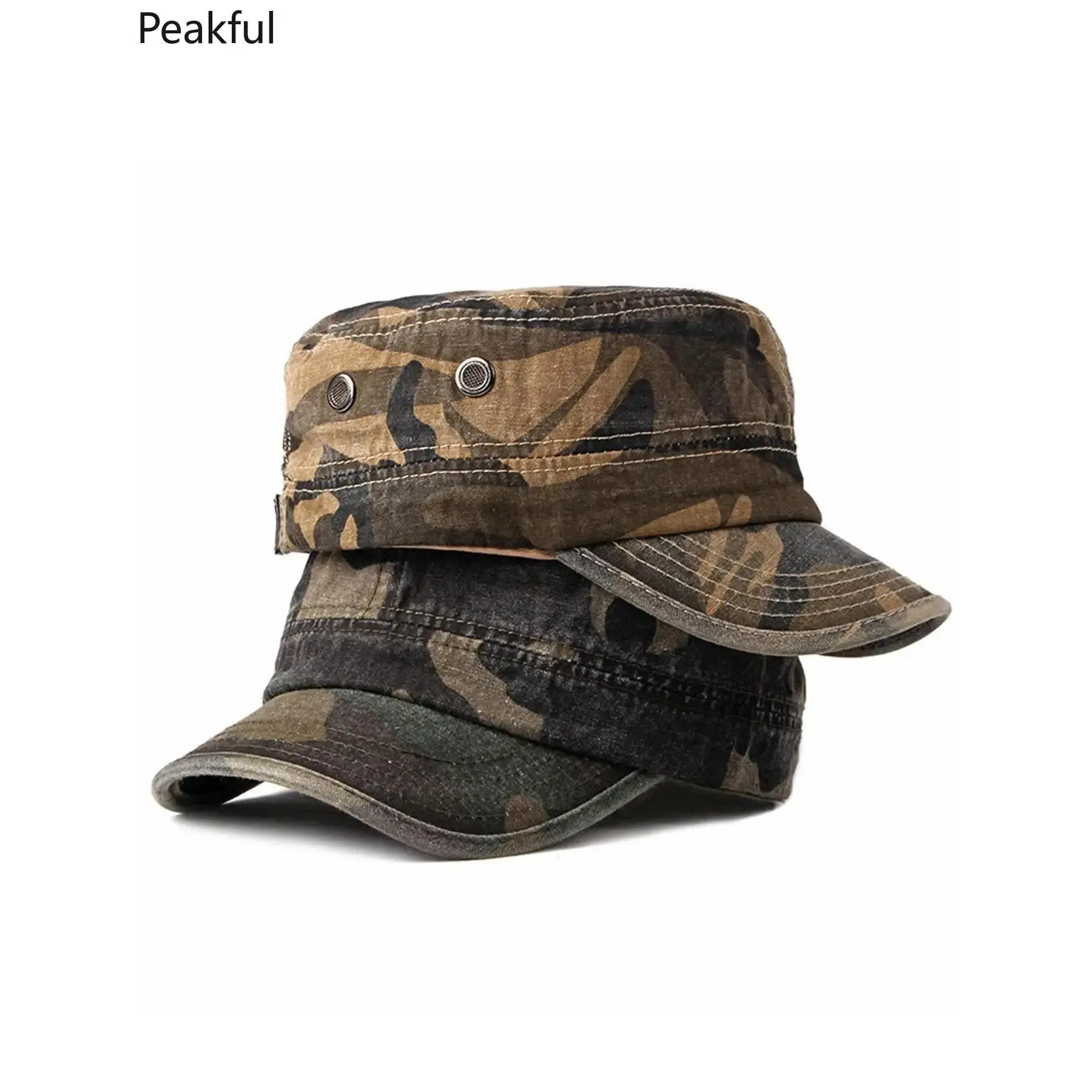 1/2pcs Vintage Flat Top Army Caps, Trending Washed Military Cadet Hats, Stylish Camo Outdoor Casual Headwear, breathable soft fabric & retro unique silhouette, perfect for daily street wear, outdoor hiking, camping trips and casual trendy outfit matching