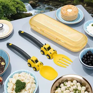 Colorful Toddler Kids Fork Spoon Set, Cartoon Engineering Vehicle Themed Utensils with Clear Portable Storage Box, Self Feeding Baby Led Weaning Easy Hold, Dishwasher Safe, Birthday Gift Travel Holiday Fun Eating Experience