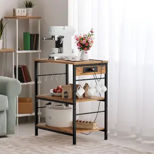 3-Tier Metal Framed Wooden Coffee Table, Mug Cutlery Organizer Display Rack with 10 Hooks with Power Outlet and USB Socket, Sliding, Microwave Oven Shelf, Printer Holder with Wheels for Kitchen/Living Room/Office, Brown,Shipped from the US