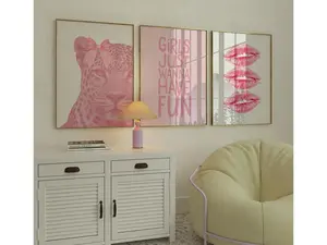 Pink Leopard Wall Art Set – Coquette & College Dorm Prints, Pink Kiss Lips, Girls Just Wanna Fun and Bikini Poster, Preppy Girly Wall Art