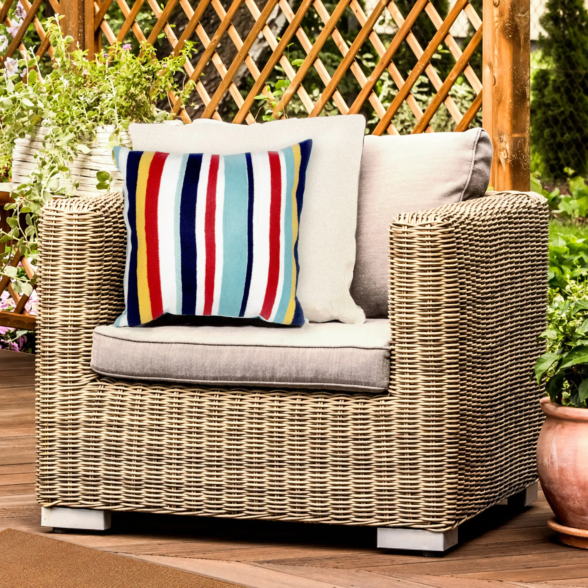 Lush Decor VISIONS III Handmade Indoor/Outdoor Pillow - 7 in, Hand-Guided Crewel, Multicolor Stripe, Traditional Home Accent, Cushions for Outdoor Chairs, Maritime Decor, Nautical Theme