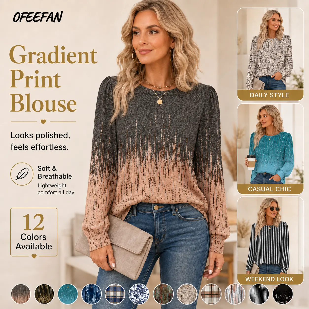 OFEEFAN Women’s Long Sleeve Printed Blouse, Soft Stretch Crew Neck Puff Sleeve Tops for Women, Dressy Casual Fall Shirts, Work Office Going Out Tops S-3XL outfits